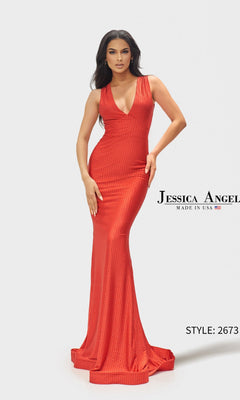 A woman poses in the Long Prom Dress: Jessica Angel 2673, a fitted, floor-length sleeveless red gown with a v-neckline, against a plain light background. Text reads "Jessica Angel" and "Style: 2673.