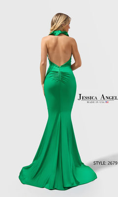 A woman stands with her back to the camera, wearing a green, backless halter mermaid gown labeled "Long Prom Dress: Jessica Angel 2679.