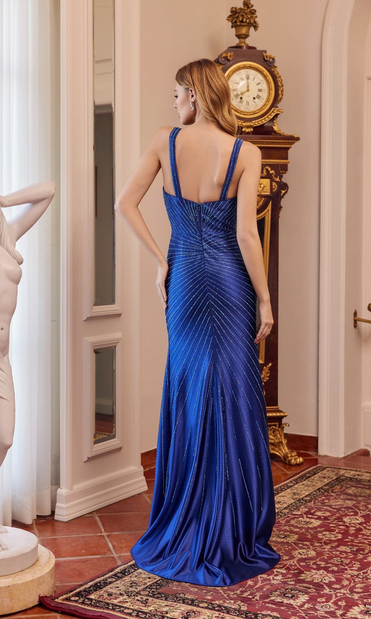 Beaded Long Satin Prom Dress with Sweetheart Neckline Navy Blue / 14
