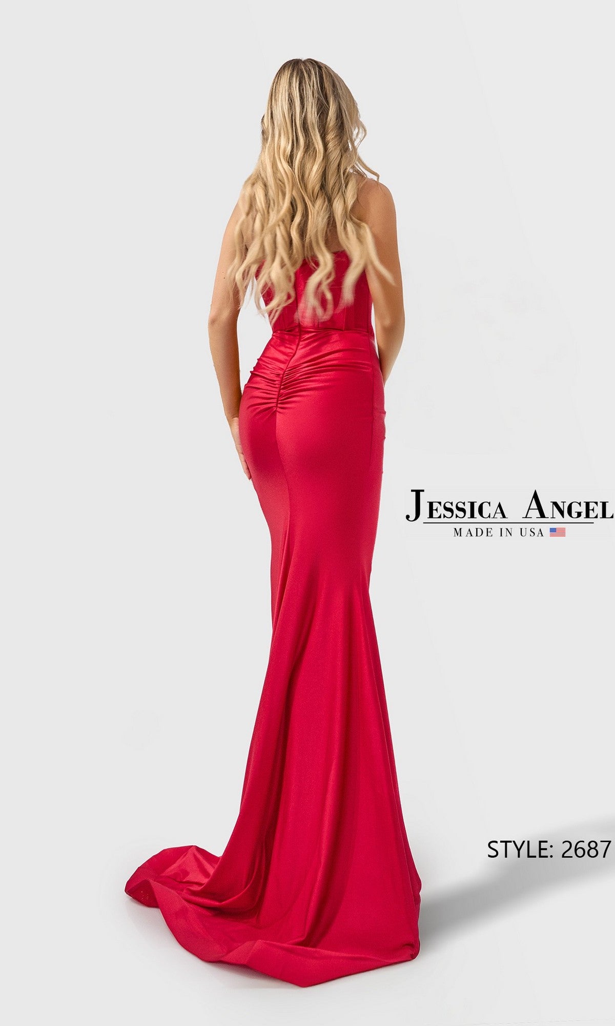 A woman with long blonde hair is shown from the back wearing the Long Prom Dress: Jessica Angel 2687, a fitted, floor-length red gown, against a plain light background. Text displays 