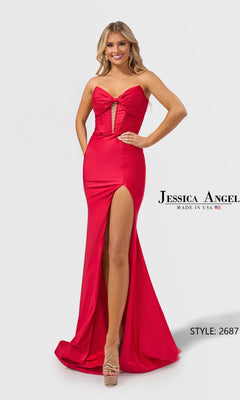 A woman poses against a white background in the Jessica Angel 2687 Long Prom Dress. The fitted red gown features a strapless sweetheart neckline, front cutout, and thigh-high slit for a bold and elegant look.