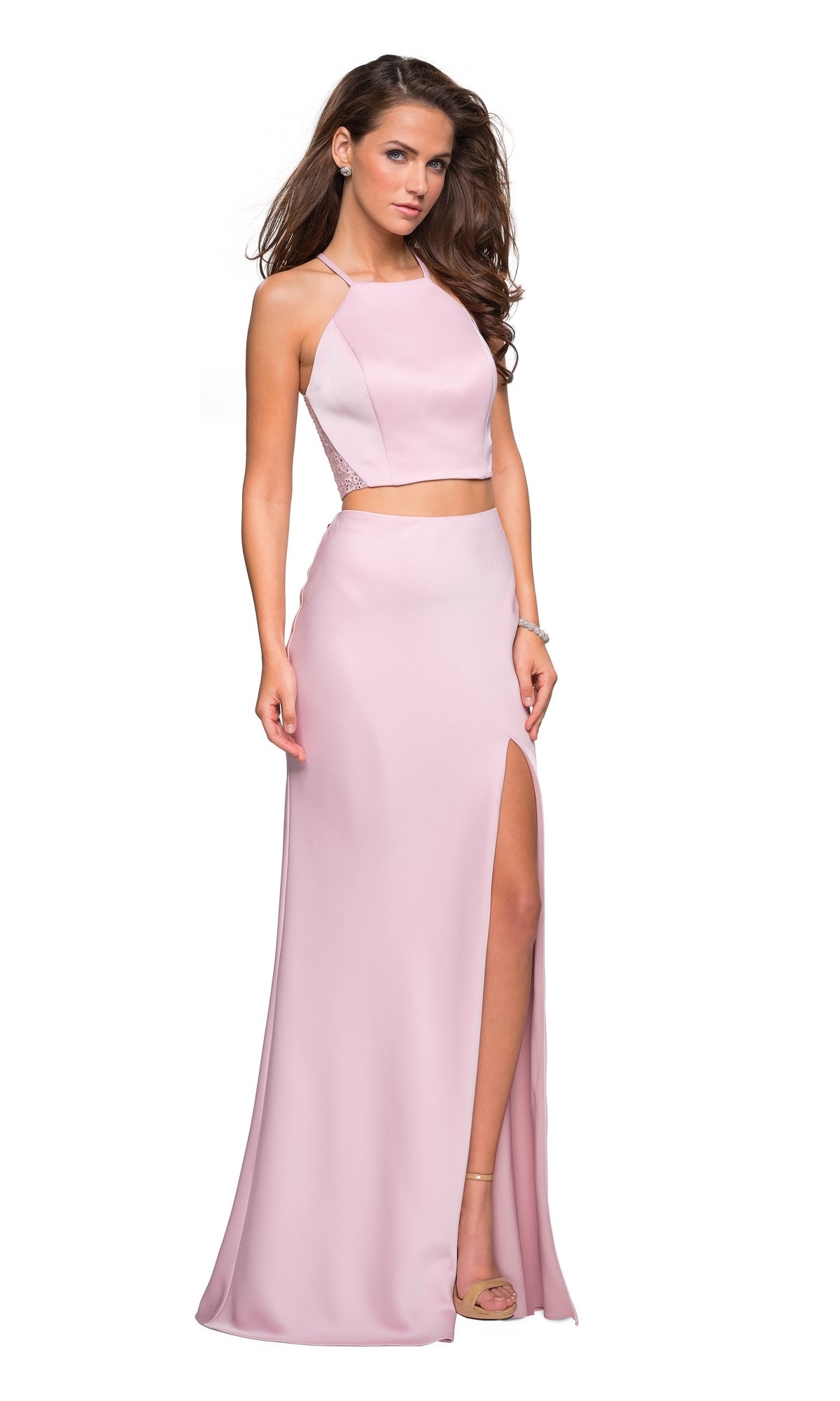 lace prom dresses two piece Two-Piece Satin Blush Pink Dress with Sheer – PromGirl Promo_Tag_Full_Shirt_Bundle Halter Closure Valentine's Date Night Outfit Size:Pre-Order 3-6 Months