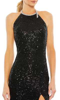 A woman wearing the Long Formal Dress 26943 by Mac Duggal, a fitted sequin halter gown with a rhinestone neckline, sleeveless cut, and open back design.