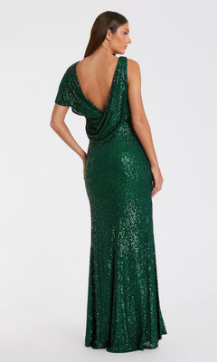 A woman, seen from behind, wears the Mac Duggal 26988: a long V-neck green sequin formal dress with elegant draping—an eye-catching evening gown.