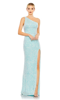 A woman models the Mac Duggal 26990 One-Shoulder Sequin Formal Gown in light blue, featuring a fitted silhouette, sequin accents, and a thigh-high slit, paired with strappy heels against a white background.