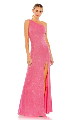 A woman poses gracefully against a white background in the Mac Duggal 26990, a fitted one-shoulder sequin formal gown featuring a sleeveless design, thigh-high slit, and draped open back.