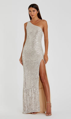 A woman poses against a plain light background in the Mac Duggal 26990 One-Shoulder Sequin Formal Gown, featuring a fitted silhouette, thigh-high slit, and draped open back.