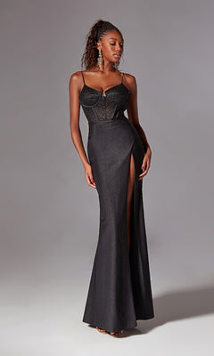 A woman models the Corset-Bodice Long Prom Dress: Aerie Couture 269—a fitted, sleeveless black glitter evening gown with thin straps, sheer bodice, and high slit—against a plain light gray background.