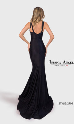 A woman models the Jessica Angel 2706 long prom dress—a fitted, floor-length black glitter gown with a low back and wide straps. Text reads "Jessica Angel, Made in USA, Style: 2706.