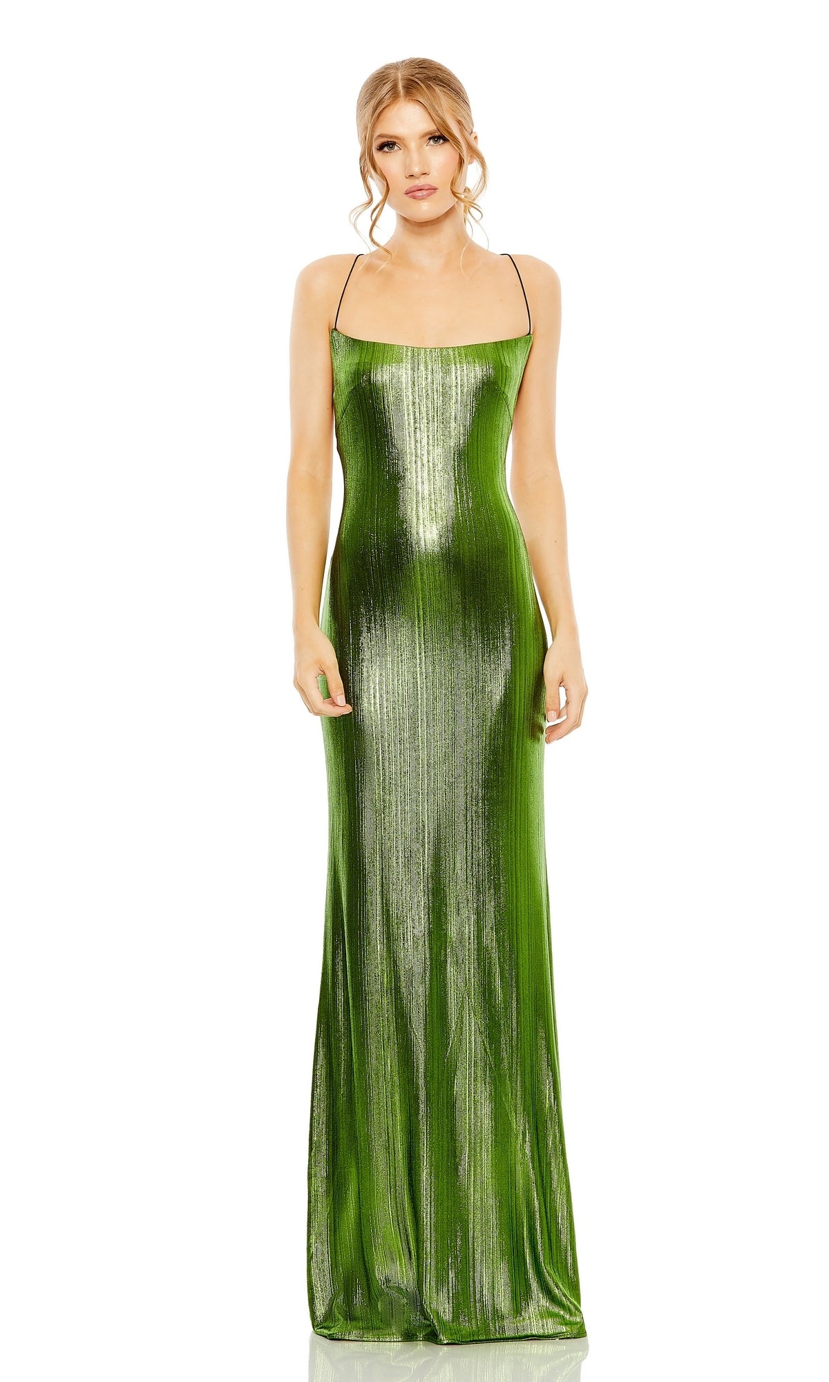 Woman wearing the Strappy-Back Metallic Prom Gown (Mac Duggal 27061) in metallic green, featuring thin straps and an open back, posed against a plain white background.