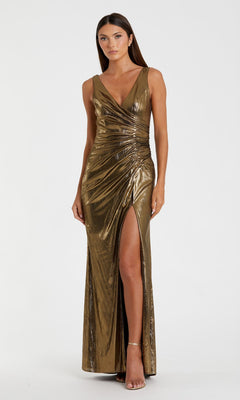 A woman wears the Mac Duggal 27063 long gold metallic formal dress, featuring a deep V-neckline, ruched bodice, and high leg slit, styled with strappy heels against a plain background.