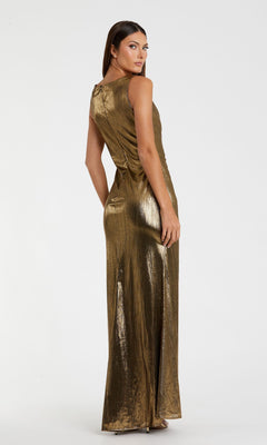 A woman faces away, head turned slightly toward the camera, modeling the Long Gold Metallic Formal Dress: Mac Duggal 27063 and showcasing its elegant evening style.