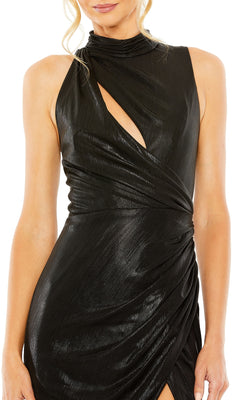 A woman wearing the Mac Duggal 27085 Cut-Out Long Metallic Prom Dress features a sleeveless, high-neck design with a shiny black finish, asymmetrical keyhole cutout, and gathered waist.