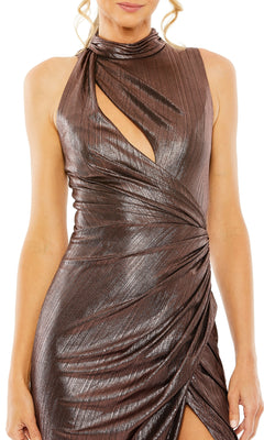 Woman wearing the Mac Duggal 27085 Cut-Out Long Metallic Prom Dress, featuring a sleeveless design, metallic brown fabric, ruched details, high neckline, and keyhole cutout.