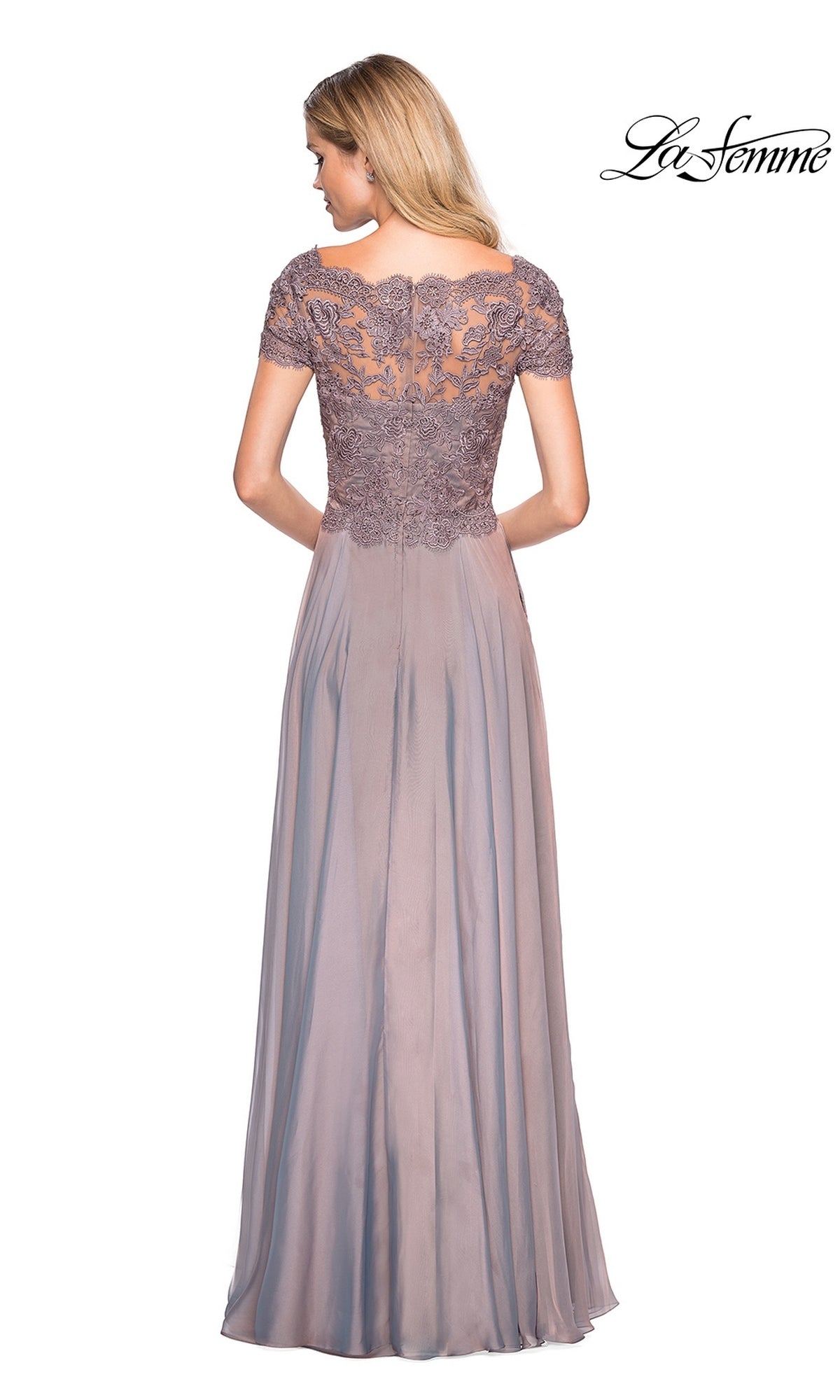 Woman in a mauve Long Formal Dress: La Femme 27098 with a lace embroidered bodice and chiffon A-line skirt, standing with her back to the camera.