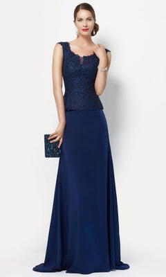 A woman stands against a plain light background wearing the Alyce 27105 long formal navy dress with a sleeveless lace bodice, holding a dark clutch.