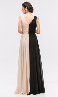 Two-Toned Long Wrap Formal Dress with A-Line Skirt Black/Champagne / Medium Two-Toned Long Wrap Formal Dress with A-Line Skirt Black/Champagne / Medium