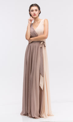 A woman models the Eureka 2711, a sleeveless two-toned beige and brown long chiffon formal dress, standing against a plain white background.