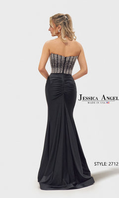 A woman models the Long Prom Dress: Jessica Angel 2712, featuring a strapless beaded fitted bodice and mermaid skirt, shown from the back with the dress name and style number visible.