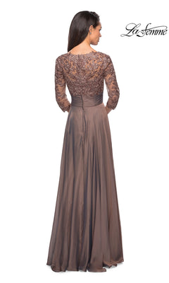 Back view of the Long Formal Dress: La Femme 27153, featuring a modest sheer lace bodice, three-quarter sleeves, and a floor-length chiffon skirt.