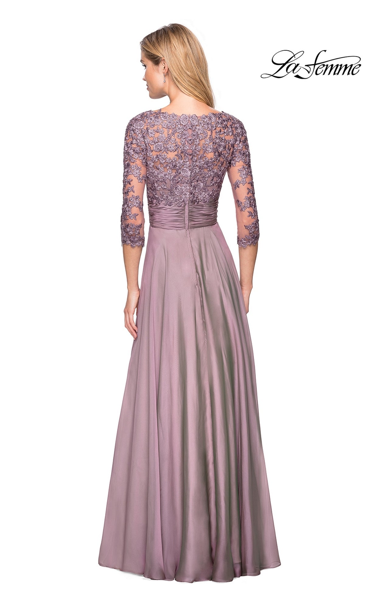 Back view of the Long Formal Dress: La Femme 27153, a mauve chiffon formal dress featuring three-quarter lace sleeves and a ruched waist, perfect for evening events.
