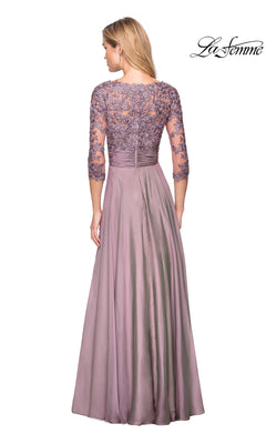 Back view of the Long Formal Dress: La Femme 27153, a mauve chiffon formal dress featuring three-quarter lace sleeves and a ruched waist, perfect for evening events.