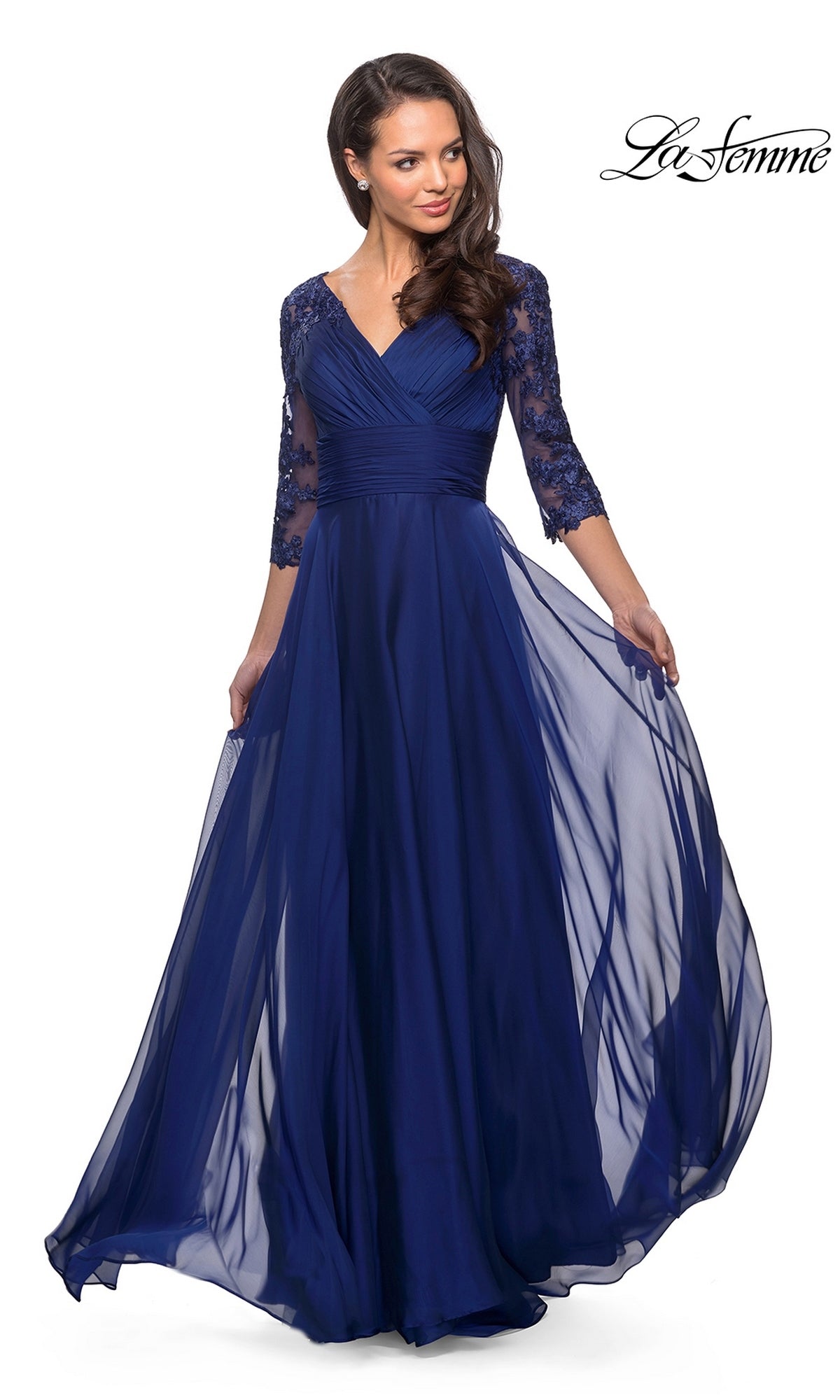 Marine blue La Femme 27153 formal dress with a V-neckline, sheer lace three-quarter sleeves, and a floor-length silhouette.