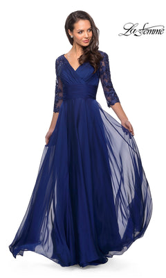Marine blue La Femme 27153 formal dress with a V-neckline, sheer lace three-quarter sleeves, and a floor-length silhouette.