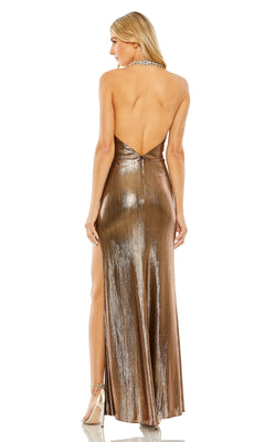 Ieena for Mac Duggal - Gold High Neck Crystal Detail Metallic Slit Gown - FINAL SALE - Antique Gold / US 8 Ieena for Mac Duggal - Gold High Neck Crystal Detail Metallic Slit Gown - FINAL SALE - Antique Gold / US 8