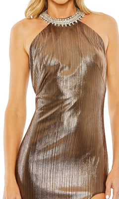 Mac Duggal Women's High Neck Crystal Detail Metallic Slit Gown