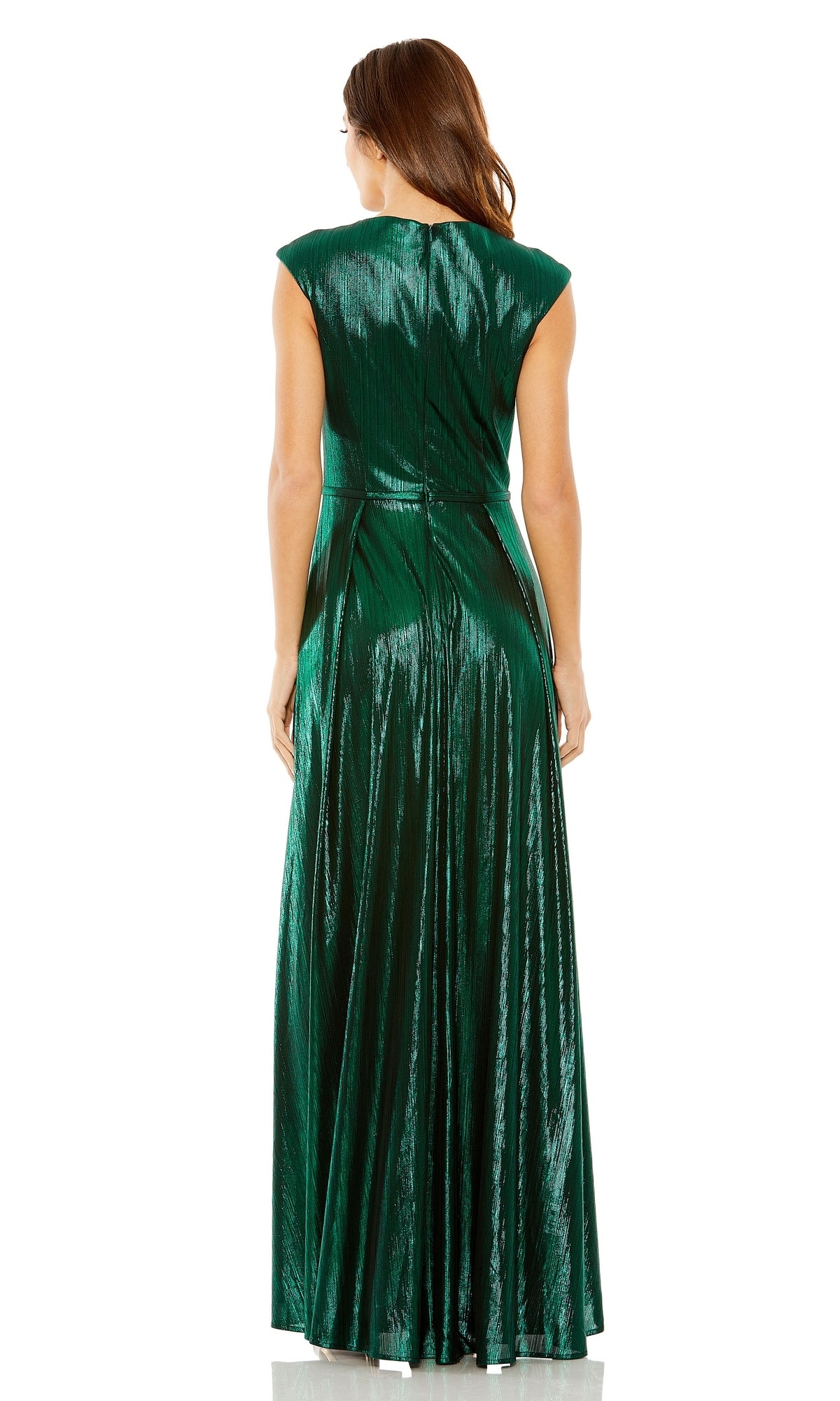 A woman models the Long Formal Dress 27156 by Mac Duggal, a sleeveless, floor-length emerald green gown with a v-neckline, shown from the back against a plain white background.