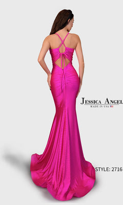 A woman poses in the Long Prom Dress: Jessica Angel 2716—a bright pink, textured, floor-length gown with an open back, crisscross straps, and luxe crystal jersey. Text reads "Jessica Angel" and "Style: 2716".