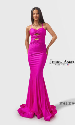 A woman models the Long Prom Dress: Jessica Angel 2716 in fuchsia, featuring a sleeveless design, crystal jersey fabric, and cut-out bodice details. Text: "Jessica Angel Made in USA" and "STYLE: 2716.