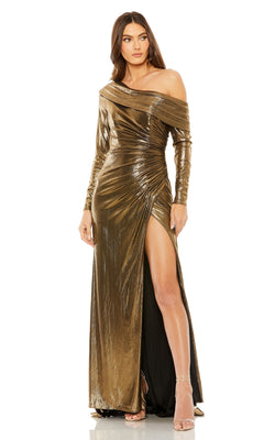 Long Gold Metallic Formal Dress with Long Sleeves– PromGirl