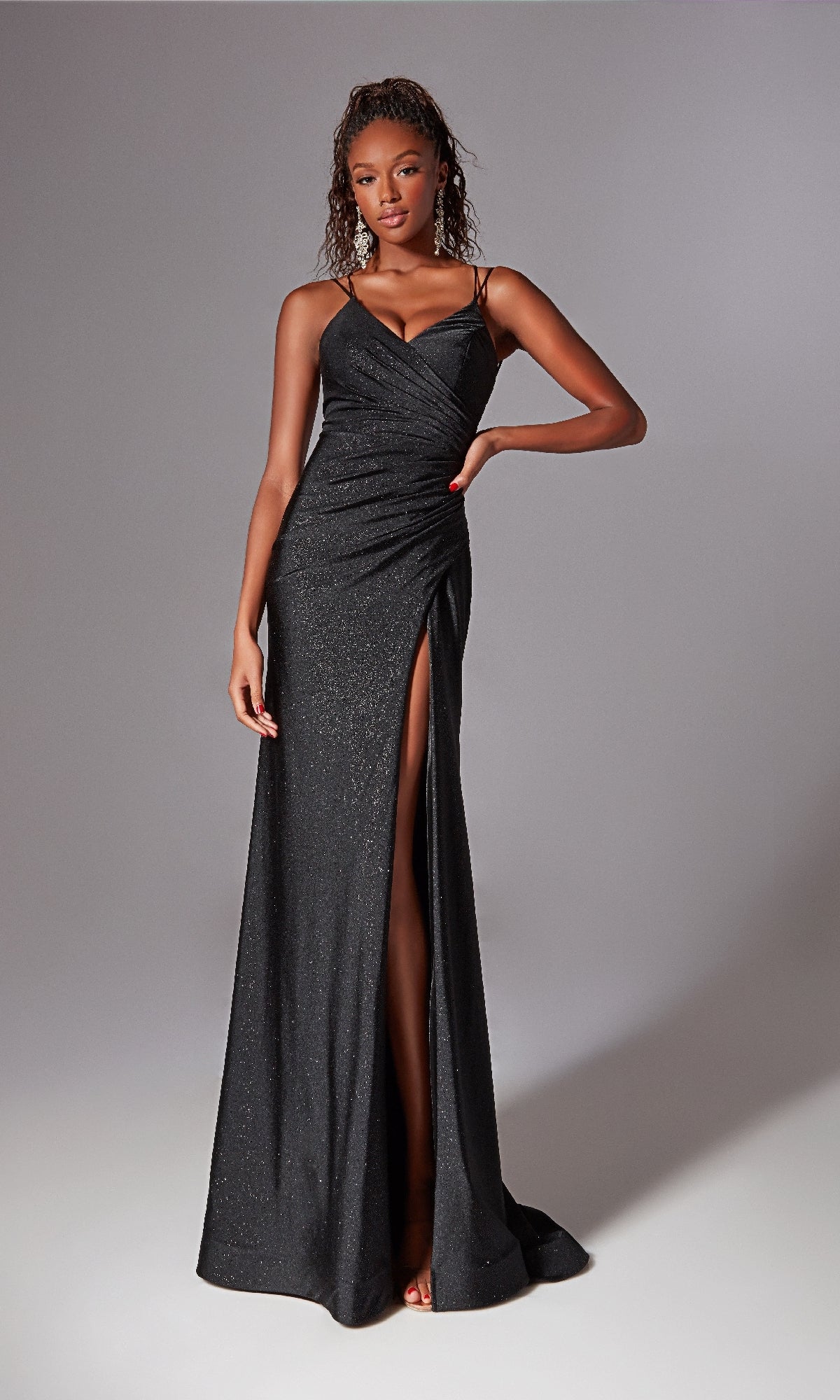 Strappy-Back Faux-Wrap Long Prom Dress with Glitter Black / 14