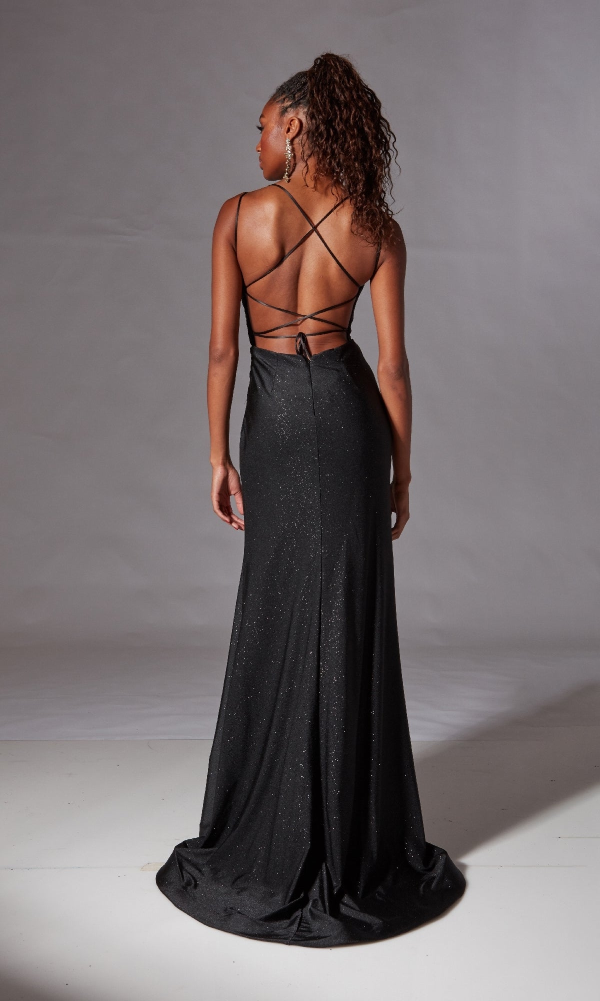 Strappy-Back Faux-Wrap Long Prom Dress with Glitter Black / 14 Strappy-Back Faux-Wrap Long Prom Dress with Glitter Black / 14