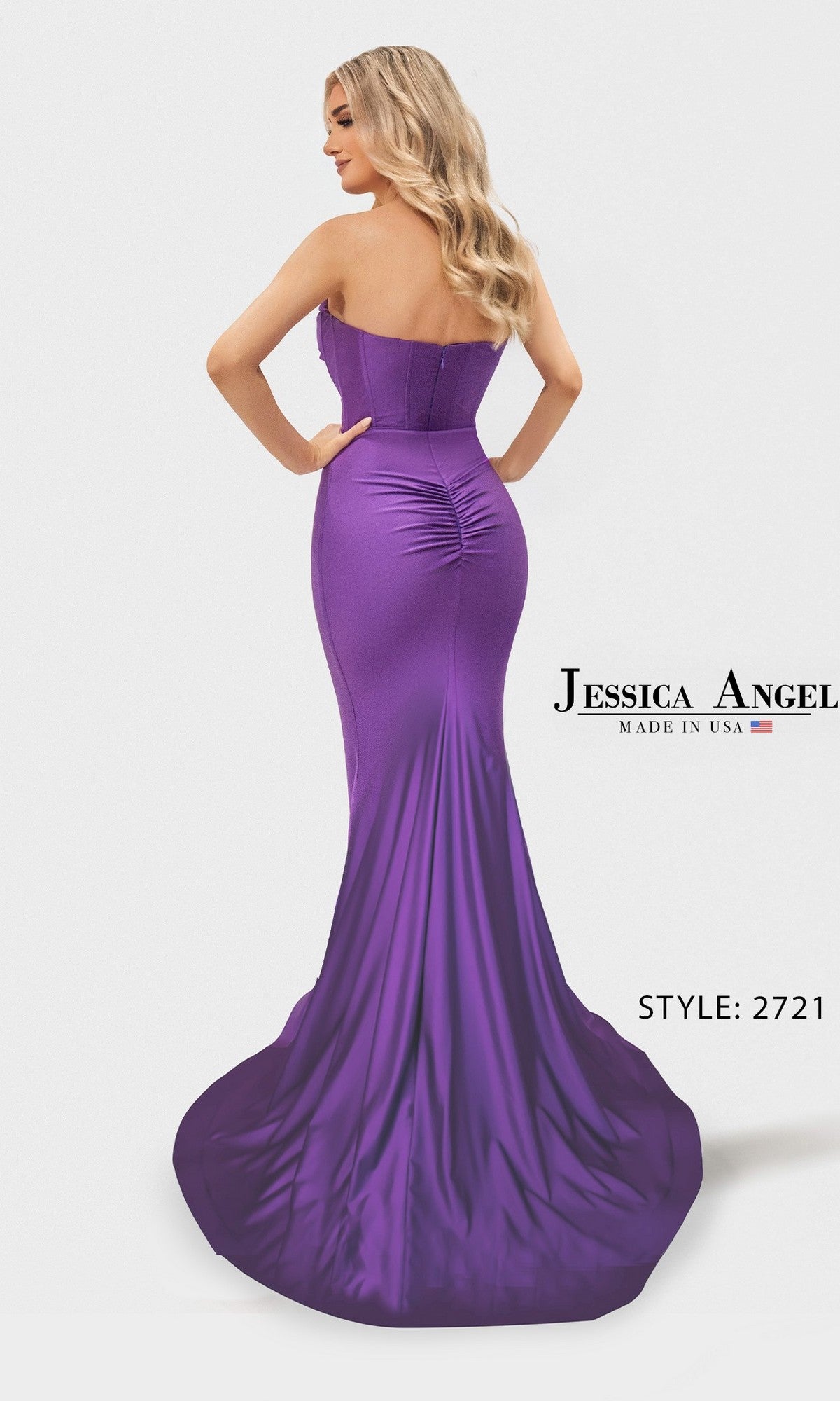 Woman models the Long Prom Dress: Jessica Angel 2721—a fitted, strapless, floor-length purple jersey gown with a slight train—shown from the back. Text: 