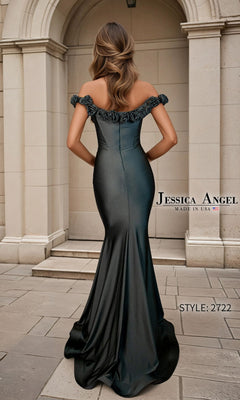A woman in the Jessica Angel 2722 Long Prom Dress, featuring a fitted off-the-shoulder mermaid silhouette, stands outside a stone building.