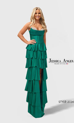 A woman models the Jessica Angel 2724 long prom dress in hunter, featuring a sleeveless corset bodice, ruffle tiered skirt with high slit, against a plain white background.