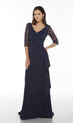 A woman models the Alyce 27242 long formal dress—navy blue with a beaded lace bodice, three-quarter sleeves, and a floor-length skirt—posed against a plain white background.