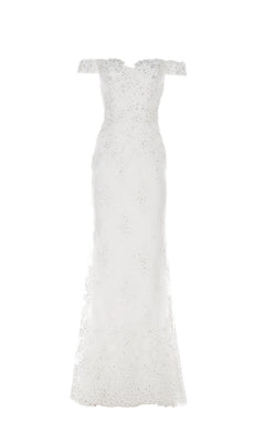 The Alyce 27249 long formal dress in diamond white features an off-the-shoulder design, fitted silhouette, beaded lace, and sparkling accents—perfect for mothers of the bride seeking timeless elegance.