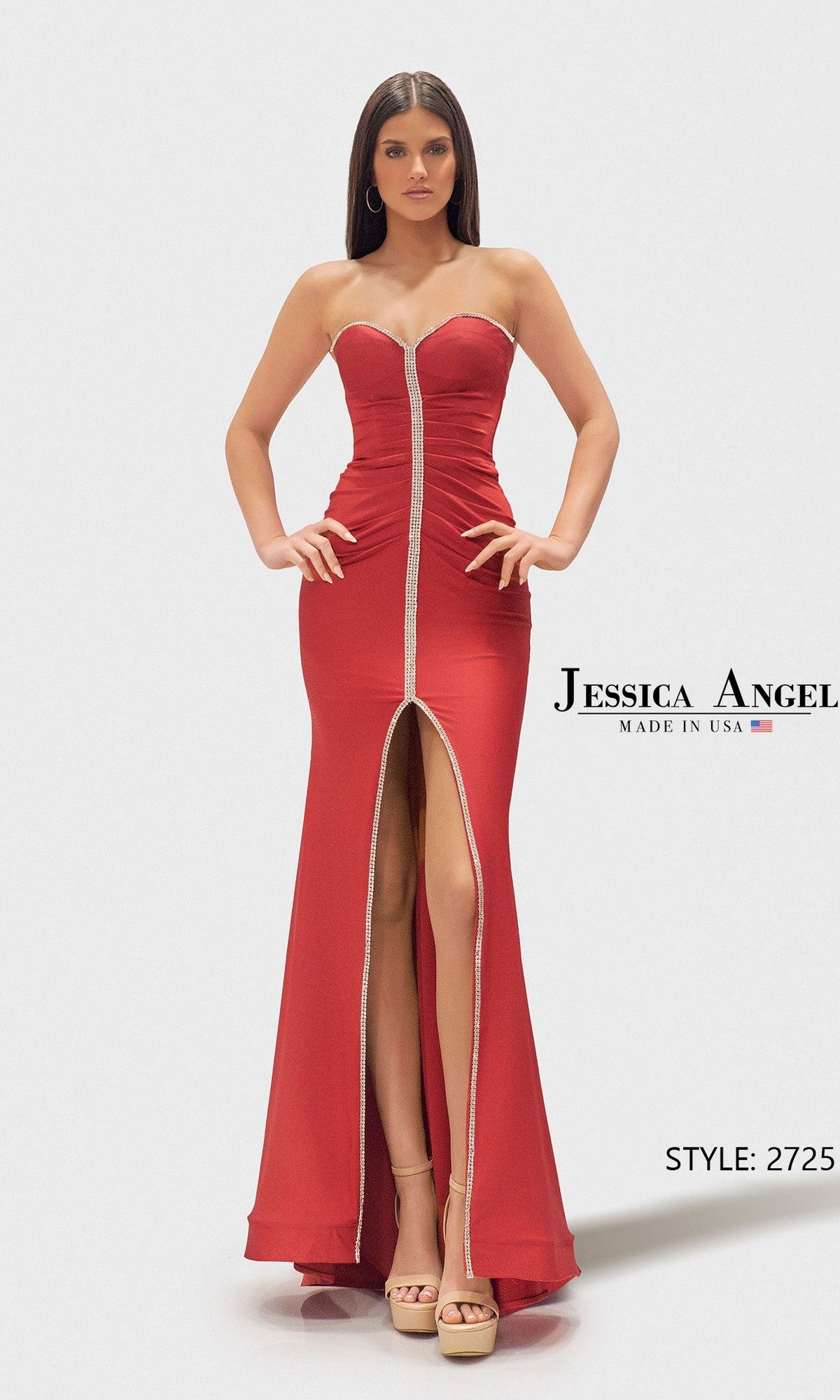 A woman showcases the Jessica Angel Long Prom Dress 2725 in Perry, featuring a strapless jersey design with front zipper, thigh-high slit, and sweetheart neckline. 