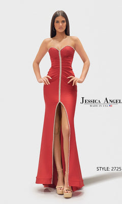 A woman showcases the Jessica Angel Long Prom Dress 2725 in Perry, featuring a strapless jersey design with front zipper, thigh-high slit, and sweetheart neckline. "Jessica Angel" and "Style: 2725" appear on a plain white background.