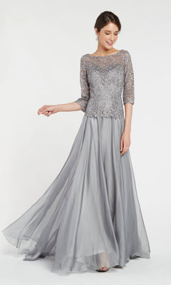 A woman in the Alyce 27251 long formal dress features a pewter lace bodice with three-quarter sleeves and a flowing satin skirt—an elegant look for the mother of the bride or any formal event.