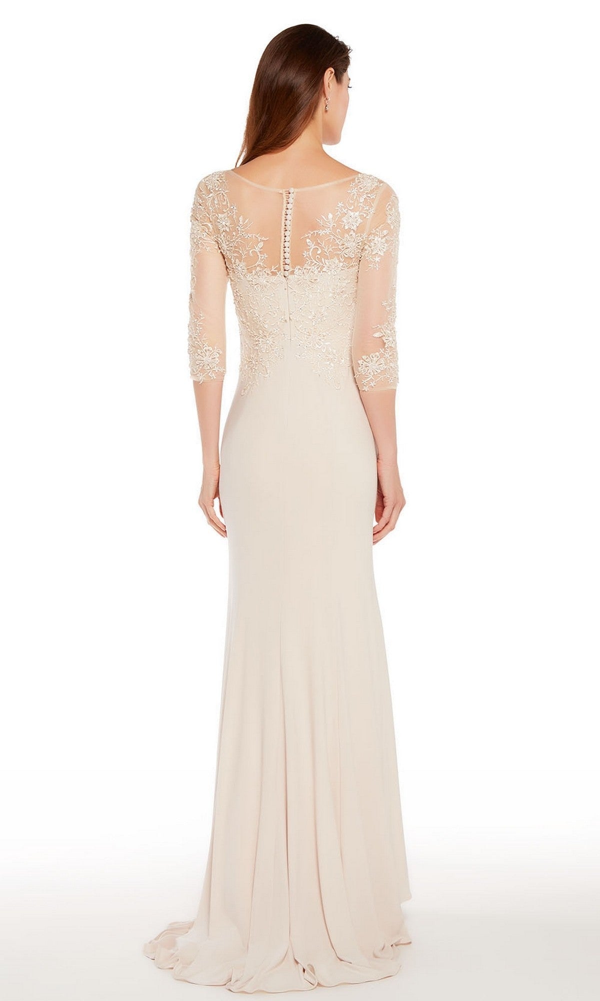 A woman stands with her back to the camera in the Alyce 27257 long formal dress, featuring a fitted silhouette, sheer lace sleeves, and a light color, set against a plain white background.