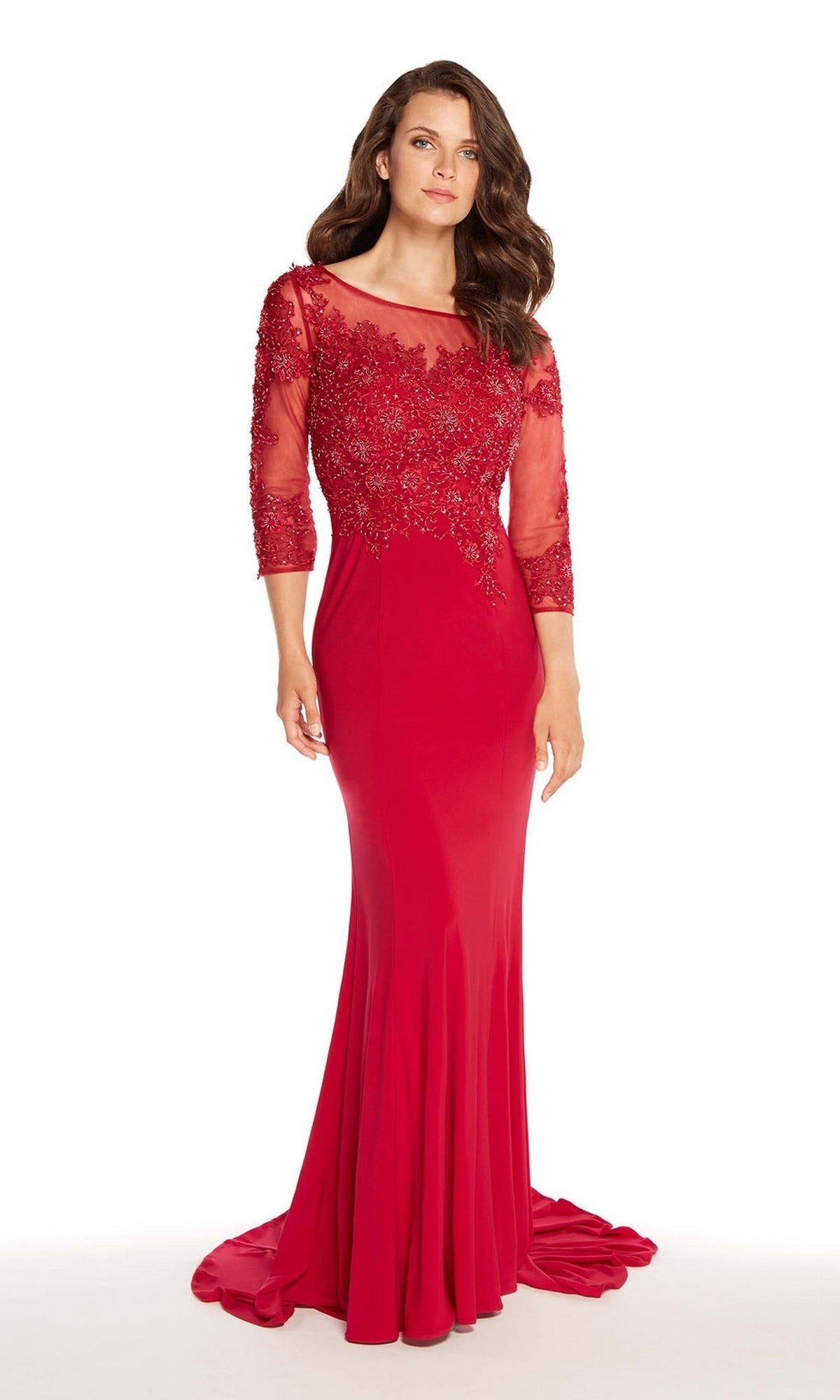 Woman in the Alyce 27257 long formal dress—red, fitted, with sheer sleeves and floral lace bodice—stands against a white background; an elegant look for mother-of-the-bride or special occasions.