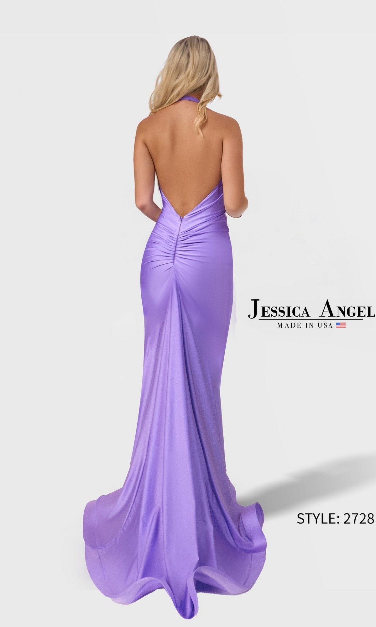 A blonde woman models the Jessica Angel 2728 long prom dress in lavender, featuring a fitted silhouette, halter neckline, gathered back seam, open back, and a flowing train.