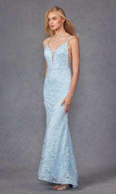 A woman wears the Embroidered-Lace Long Beaded Prom Dress 272, a light blue, floor-length gown with thin straps and a deep V neckline, standing against a plain gray background.