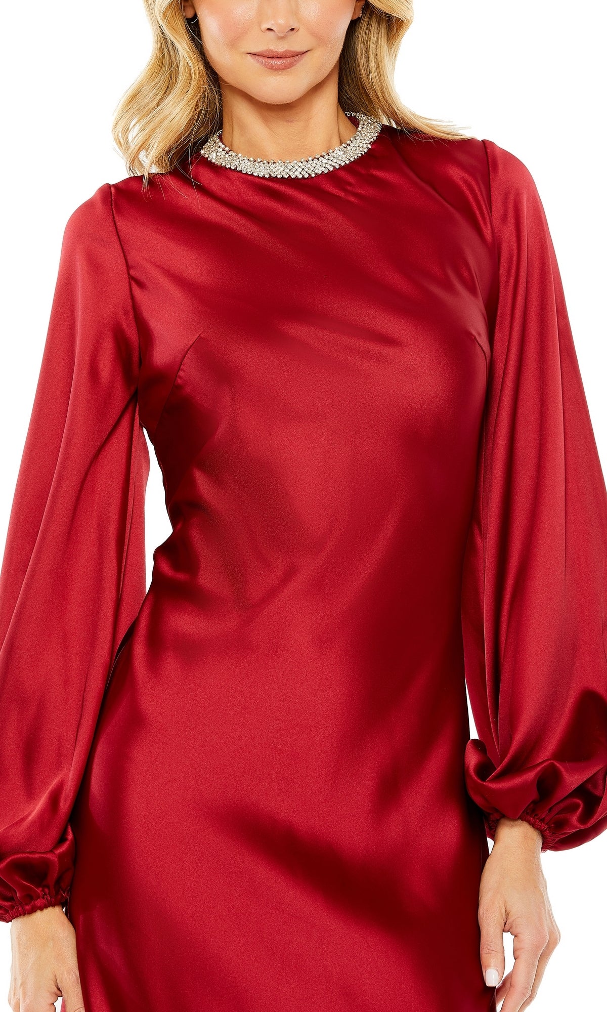 A woman wears the Modest Midi Wedding Guest Dress: Mac Duggal 27350 in shiny red with long sleeves and a beaded high neckline, shown from shoulders to mid-thigh.
