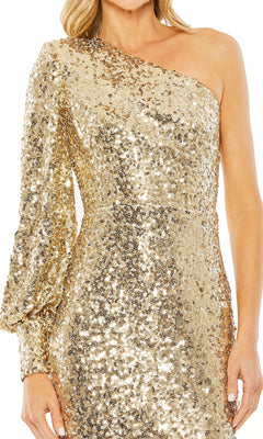 A woman shines in the Mac Duggal 27375 One-Sleeve Sequin Hoco Dress, featuring a striking one-shoulder, long sleeve gold sequin design—the ultimate statement homecoming dress.